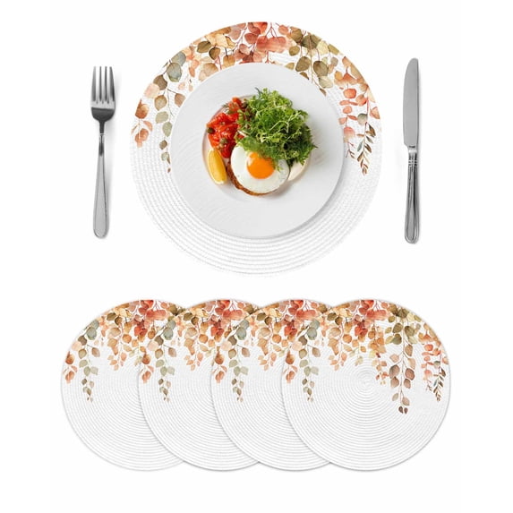 Orange Botanical Round 15 Inch Placemats Set of 4, Watercolor Leaf Fall Thanksgiving HeatResistant Non Slip Place Mats for Dining Table, Wipeable Braided Kitchen Table Mats for Housewarming