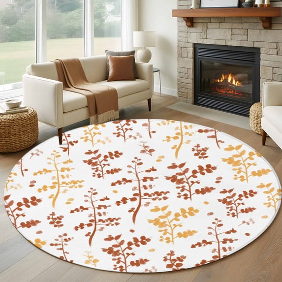 Orange Botanical Round Rug 7ft Washable Circle Rugs Non Slip Watercolor Spring Floral Summer Leaf Large Area Rug Indoor Floor Carpet for Bedroom Kitchen Living Room Home Office Dining Room Nursery