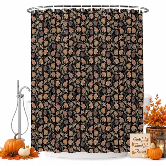 Orange Botanical Shower Curtain, Waterproof Shower Curtains for Bathroom, Antique Aesthetic Floral Blossom Black Washable Fabric Bathtub Curtain Set Bath Decor with 12 Hooks 48"x72"