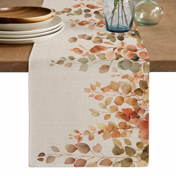 Orange Botanical Table Runner, Farmhouse Leaf Fall Thanksgiving Washable Cotton Linen Table Runners 90 Inches Long, Dresser Scarf Runner for Dining/Coffee/Kitchen/Hallway Tables 13''x90''