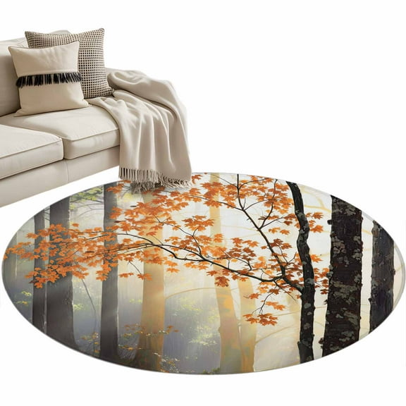 Orange Botanical Tree Round Area Rug 3 FT, Small Kitchen Bathroom Mat, Farmhouse Forest Washable Indoor Outdoor Throw Runner Carpet Non-Shedding Doormat for Table Shower Sofa Entryway