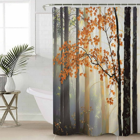 Orange Botanical Tree Waterproof Fabric Shower Curtain, Farmhouse Forest Shower Curtain for Bathroom Curtains Bathtubs Hotel Washable Shower Curtains with 12 Hooks Small 36x72in