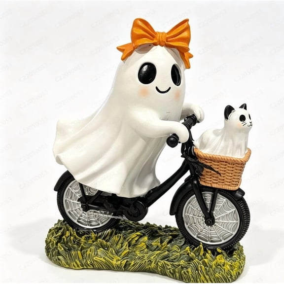 Orange Bow Ghost Girl Riding Bicycle Resin Statue, Cute Ghost Cat Figurine, Halloween Decor for Tabletop, Mantel, Entryway, Fall, Party, Gift