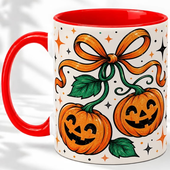 Orange Bow Jack-o-Lantern Accent Mug, 11oz Ceramic Coffee Cup for Halloween