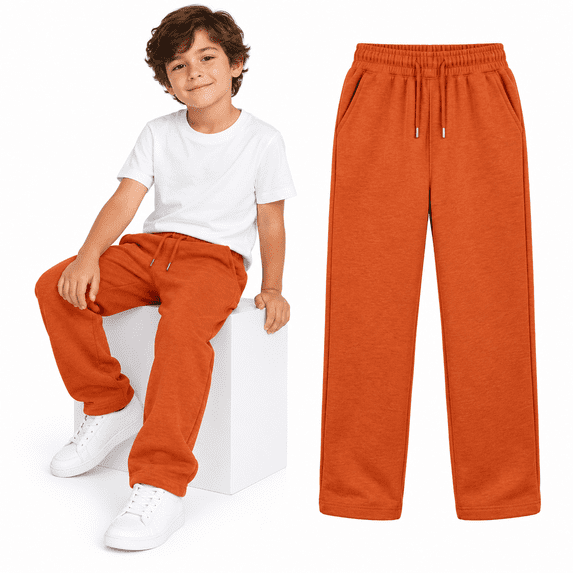 Orange Boys Sweatpants size 12-14, Drawstring Elastic Waist Kids Joggers with Pockets, Straight Leg Casual Sweat Pants for School Active Wear