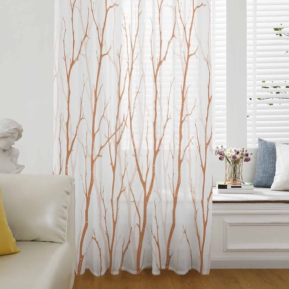 Orange Branches Semi Sheer Curtains Drapes for Living Room,Bedroom,French Doors Window 54 Inches Long,Modern Abstract Art Forest Silhouettes Rod Pocket Chiffon Curtain Drapery Voile Draperies Panel