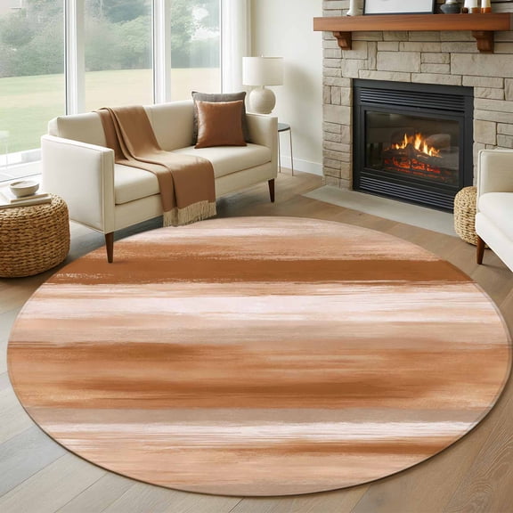 Orange Brown Abstract Round Rugs for Living Room 5ft Mottled Oil Painting Texture Modern Non Slip Circle Rug Washable Low-Profile Indoor Carpet for Bedroom, Dining Room, Bathroom