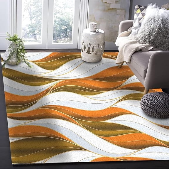 Orange Brown Area Rugs, White Geometric Modern Indoor Non-Slip Floor Carpet, Soft Machine Washable Rug For Decor Living Room Bedroom Home 5 x 7ft