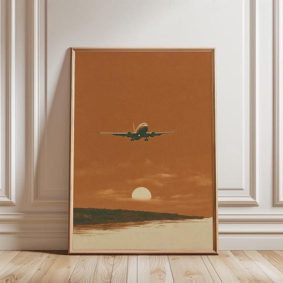Orange Brown Aviation Airplane Sunset Minimal Travel Illustration, Unframed Poster