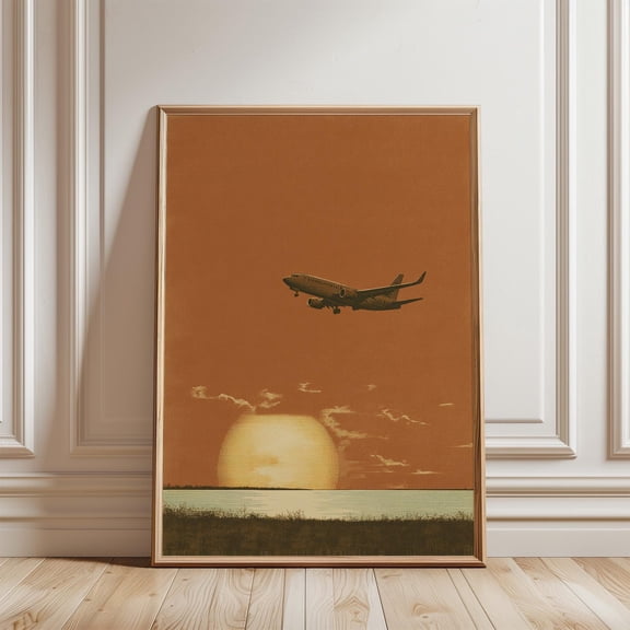 Orange Brown Aviation Poster Airplane Sunset Art Minimal Travel Wall Decor