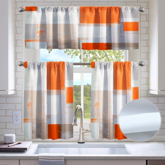 Orange Brown Kitchen Window Tier Curtains and Valance Set, 36 Inch Abstract Art Window Curtains Set with Rod Pocket for Small Windows, Living Room or Bathroom