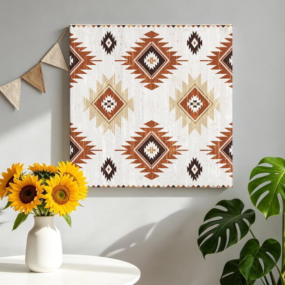 Orange Brown Canvas Wall Art, Aztec Ethnic Southwestern Native Geometric Framed Canvas Wall Decor Picture Print Artwork Decorations for Living Room Office Ready to Hang 12" x 12"