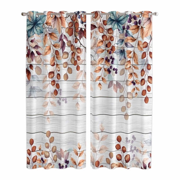 Orange Brown Eucalyptus Leaves Kitchen Curtains 96 Inch Length, Botanical Farm Rustic Wood Grommet Top Bedroom Living Room Curtains, Light Filtering Cafe Curtain Drapes 2 Panels Set 104''x96''