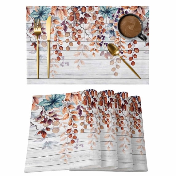 Orange Brown Eucalyptus Leaves Placemats Set of 8, Botanical Farm Rustic Wood Placemats for Dining Table, Place Mats for Kitchen Tabletop, Waterproof Wipeable Dining Table Mats Set