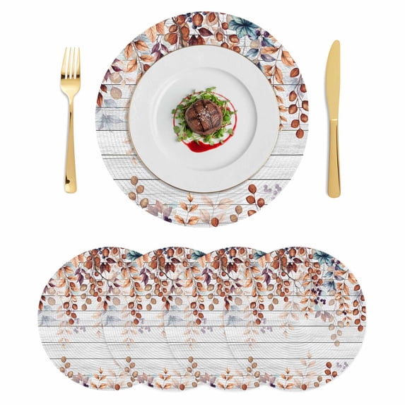 Orange Brown Eucalyptus Leaves Round 13 Inch Placemats Set of 4, Botanical Farm Rustic Wood HeatResistant Non Slip Place Mats for Dining Table, Wipeable Braided Kitchen Table Mats for Housewarming