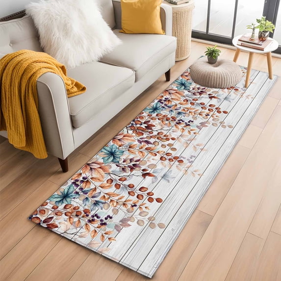 Orange Brown Eucalyptus Leaves Runner Rug 2x6 FT,Non Slip Hallway Rugs,Botanical Farm Rustic Wood Washable Soft Floor Carpet Throw Runner Carpet Long Rugs for Entryway Kitchen Bedside Sliding Door