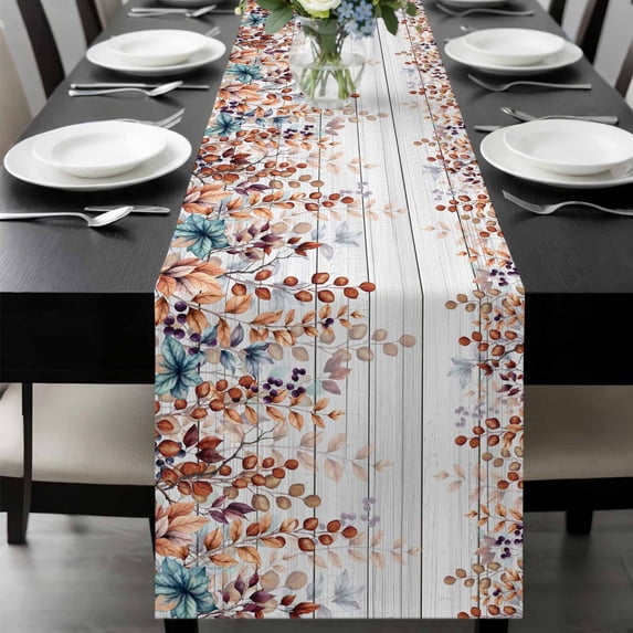 Orange Brown Eucalyptus Leaves Table Runner 108 Inches Long, Botanical Farm Rustic Wood Kitchen Coffee Dining Table Decoration for Home Party Birthday Wedding Home Decor 13x108 Inches