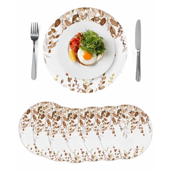 Orange Brown Eucalyptus Round 15 Inch Placemats Set of 6, Watercolor Spring Weeping Botanical HeatResistant Non Slip Place Mats for Dining Table, Wipeable Braided Kitchen Table Mats for Housewarming