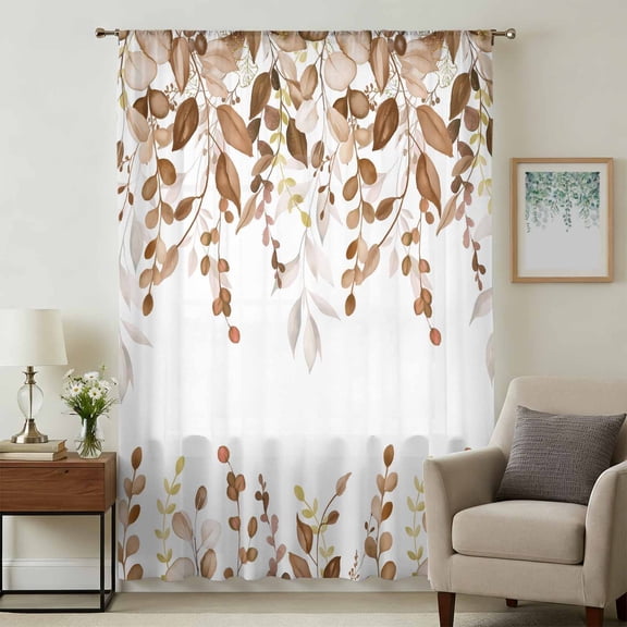 Orange Brown Eucalyptus Sheer Curtains 72 Inches Long for Living Room, Watercolor Spring Weeping Botanical Light Filtering Privacy Drapes, Breathable Semi Sheer Window Treatment for Bedroom