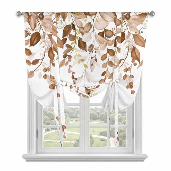 Orange Brown Eucalyptus Tie Up Curtains 45 Inches Long, Kitchen Window Curtains Over Sink, Watercolor Spring Weeping Botanical Small Window Curtains Balloon Curtains Valances for Bedroom 34"x45"