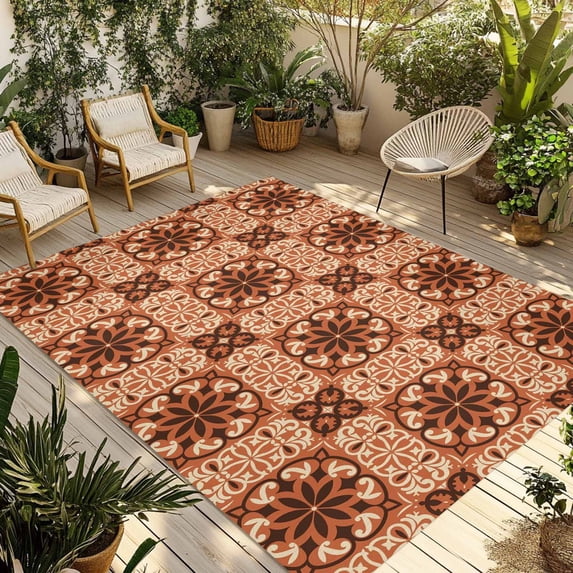 Orange Brown Flowers Outdoor Rug for Patio/Deck/Porch, Non-Slip Large Area Rug 5 x 8 Ft, Farmhouse Retro Abstract Floral Indoor Outdoor Rugs Washable Area Rugs, Reversible Camping Rug Carpet Runner