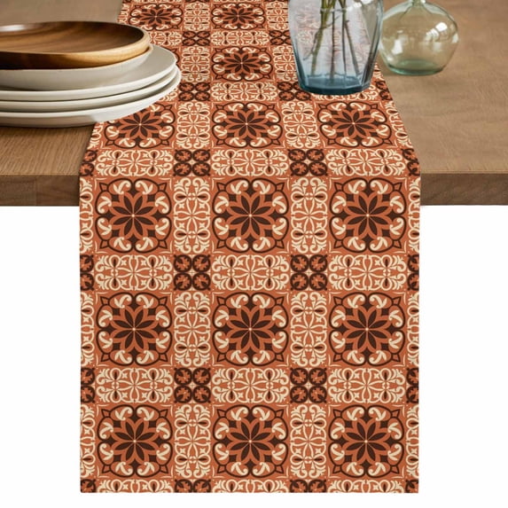 Orange Brown Flowers Table Runner, Farmhouse Retro Abstract Floral Washable Cotton Linen Table Runners 48 Inches Long, Dresser Scarf Runner for Nightstand/Coffee/End Tables 13''x48''