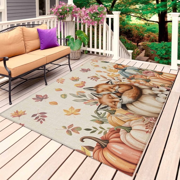 Orange Brown Fox Fall Outdoor Rug for Patio/Deck/Porch, Non-Slip Large Area Rug 3 x 5 Ft, Pumpkins Thanksgiving Botanical Rustic Indoor Outdoor Rugs Washable Area Rugs, Camping Rug Carpet Runner