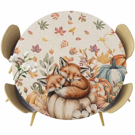 Orange Brown Fox Fall Round Tablecloth, Fitted Table Cover with Elastic for 36"-44" Round Tables, Pumpkins Thanksgiving Botanical Rustic Table Cloth Outdoor Dinning Party Waterproof Tablecloths