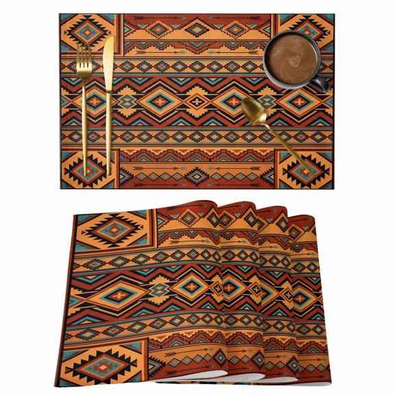Orange Brown Geometric Placemats Set of 4 Boho Modern Abstract Ethnic Texture Place Mats Indoor Wipeable Table Mats Washable Dining Table Placemats for Kitchen Holiday Party Home Decor 13x19 Inch