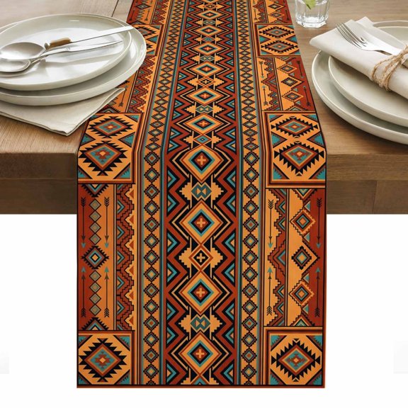 Orange Brown Geometric Table Runner Boho Modern Abstract Ethnic Texture Tablerunners 13 x 36 Inch, Table Decorations Tabletop Scarf for Summer Gathering Holiday Farmhouse Kitchen Dining Decor