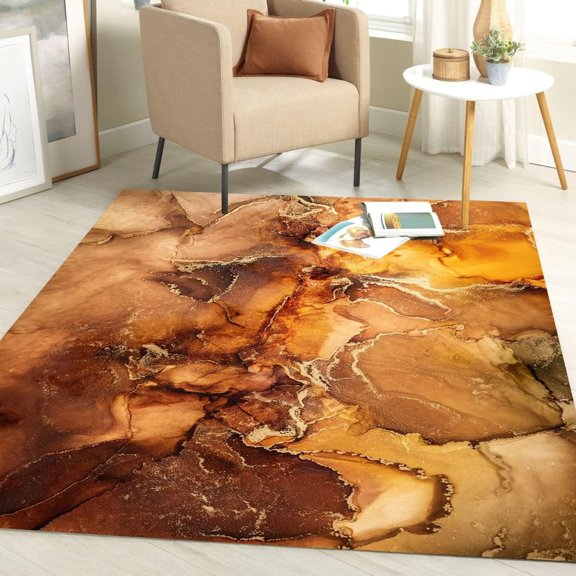 Orange Brown Gold Contemporary Abstract Area Rug Marble Art Deco Thick Living Room Bedroom Dining Kitchen Carpet Washable Non Slip Rugs for Home Office Hallway 2'x3' Mat