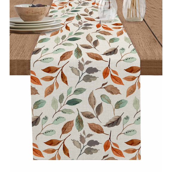 Orange Brown Green Botanical Burlap-Cotton Table Runner 120 Inches Long,Vintage Leaf Rustic Farmhouse Table Runners,Outdoor Dining Tablecloths Decor for Baby Shower/Party/Wedding 13x120