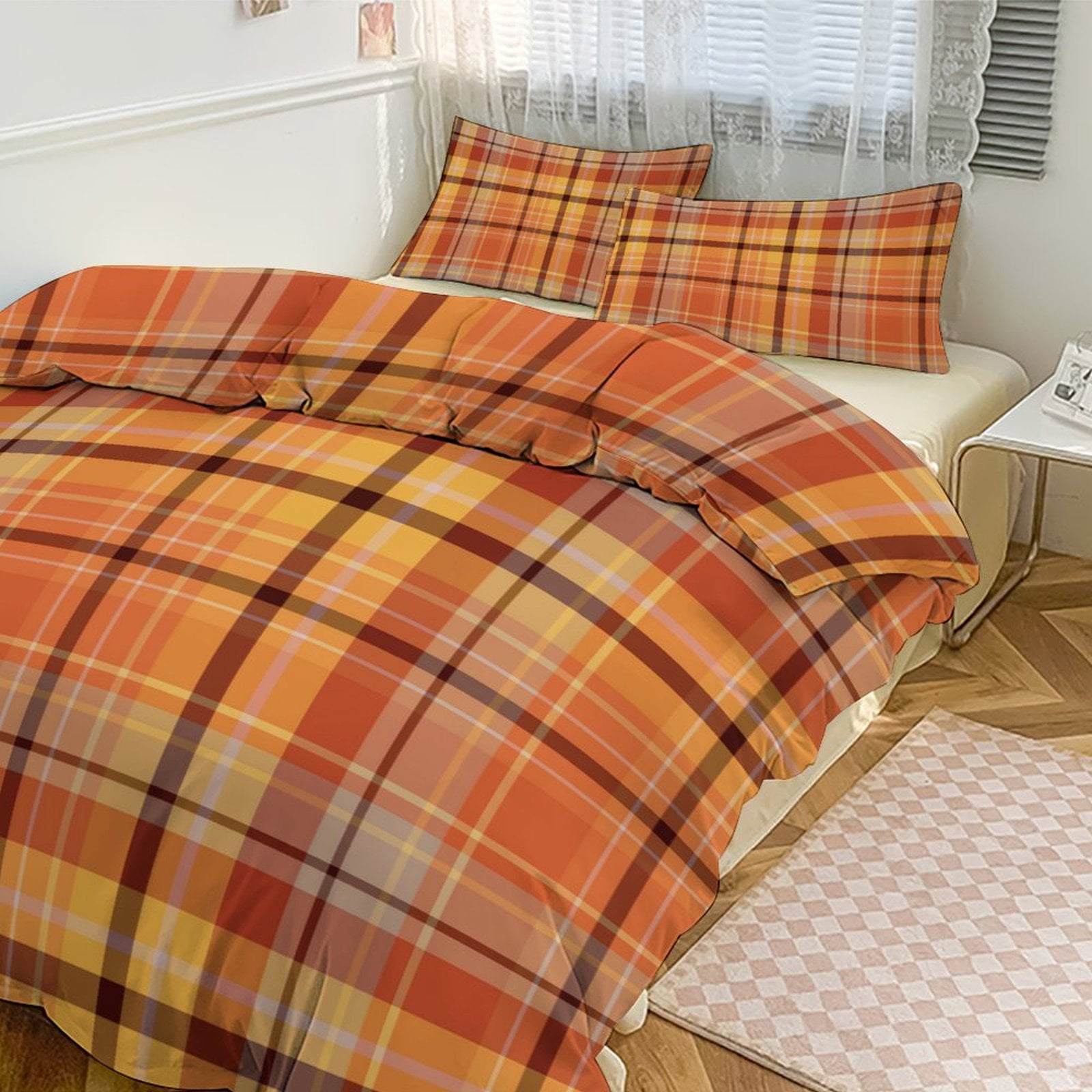 Orange Brown Grey And Yellow Plaid Quilt Set 86"x70" Soft 3 Pieces