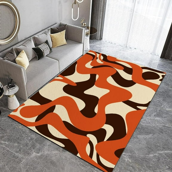 Orange Brown Irregular Lines Living Room Area Rug Abstract Art Washable Bedroom Rug Soft Non-Slip Dining Room Carpet Reading Room Nursery Low Pile Rug 5x6ft