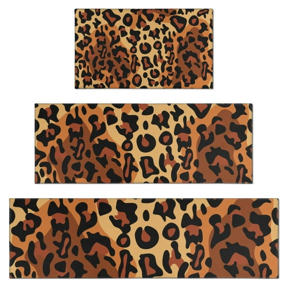 Orange and Brown Leopard Pattern Kitchen Rugs Sets Of 3,Kitchen Runner Rugs Non Skid Washable,Decorative Kitchen Floor Mats for Kitchen,Sink,Laundry,17"x30"+ 17"x47" + 17"x59"