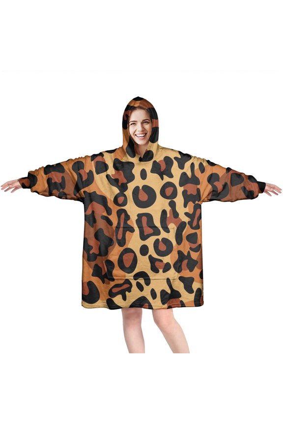 Orange and Brown Leopard Pattern Wearable Oversized Blanket,Wearable Blanket Hoodie for Adults,Cozy Hooded Blankets with Super Pockets,Super Warm Fuzzy Pullover for Women & Men
