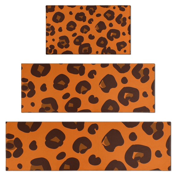Orange and Brown Of Leopard Print Kitchen Rugs Sets Of 3,Kitchen Runner Rugs Non Skid Washable,Decorative Kitchen Floor Mats for Kitchen,Sink,Laundry,17"x30"+ 17"x47" + 17"x59"
