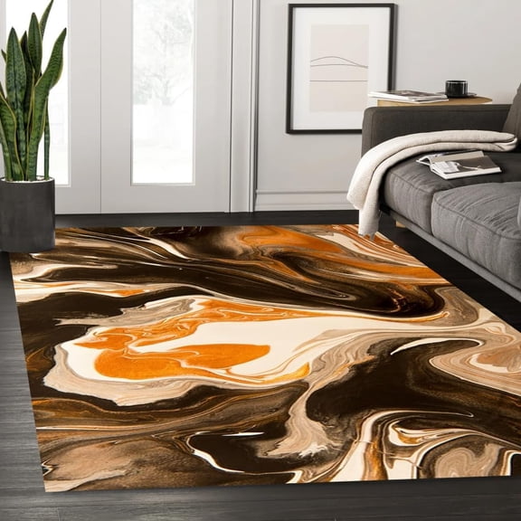 Orange Brown Liquid Abstract Modern Marble Rugs For Living Room Bedroom Washable Soft Lux Art Decor Diningroom Office Carpet Contemporary Aesthetics Floor Rug 1x2ft