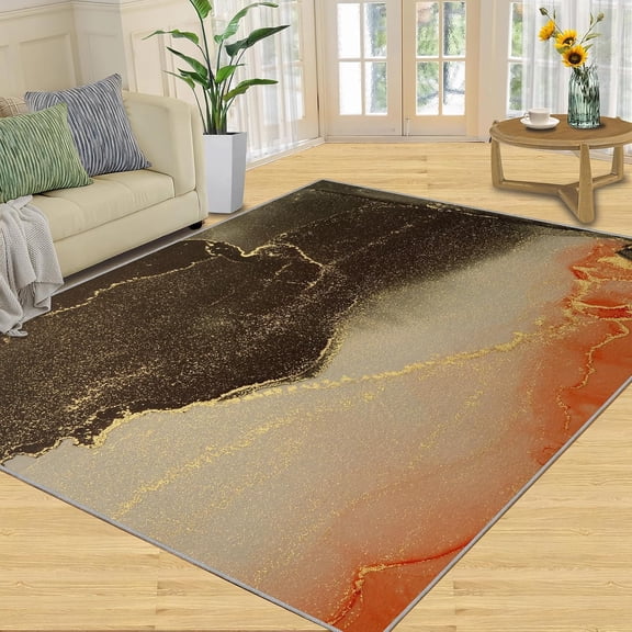 Orange Brown Marble Area Rug, Gold Powder Texture Rugs for Living Room, Easy Clean Carpet Washable Indoor Non Slip Rug for Bed Living Room Carpets Decor-2' x 3'