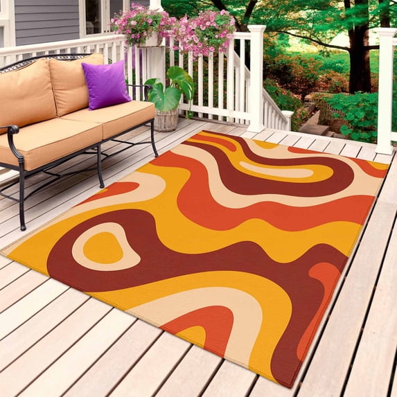 Orange Brown Outdoor Rug 3x5 Ft, Non Slip Washable Area Rug, Modern Farmhouse Abstract Patterned Art Patio Rugs Carpet Runner, Large Floor Mat for Indoor/Outdoor Deck Porch Camping