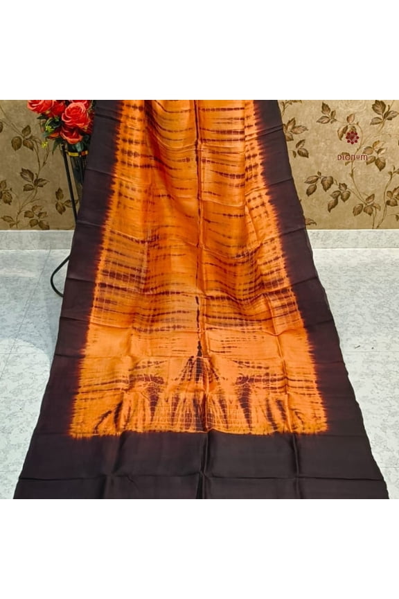 Orange Brown Pure Silk Bandhani Shibori Saree