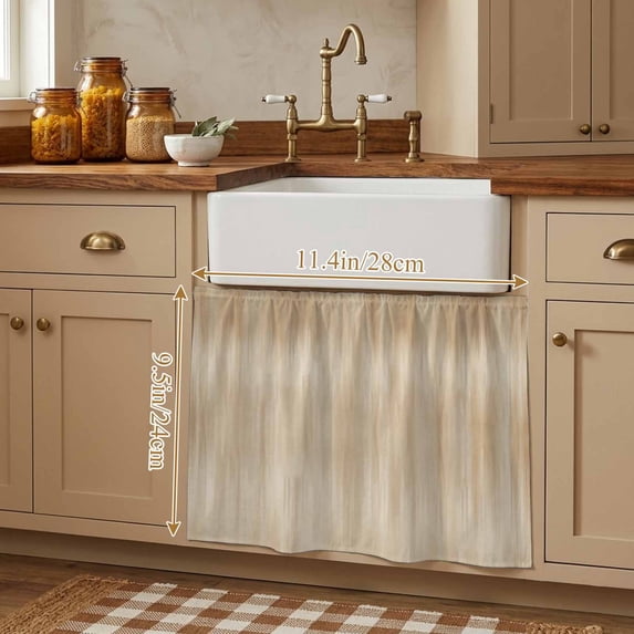 Orange Brown Small Cabinet Curtains 10"W x 11"L, Modern Abstract Art Ombre Striped Sink Skirt Dust-Proof Short Curtain for Bathroom Vanity Storage Cubby Desk, Self Adhesive Privacy Drapes