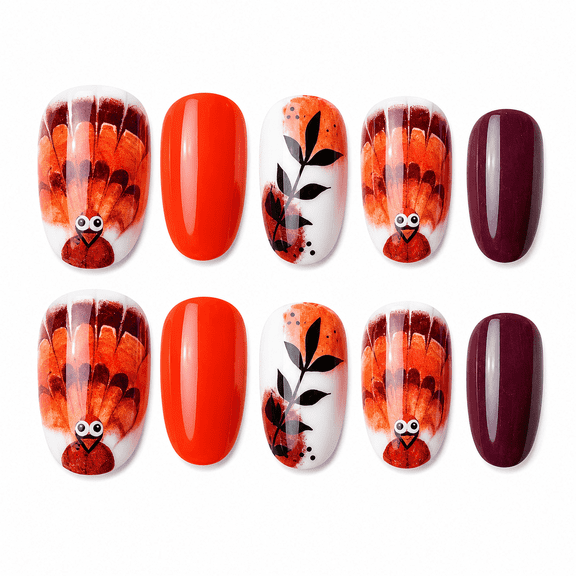 Orange Brown Turkey Accent Press on Nails, Short Oval Glossy False Nails with Leaf Design, 30 Count