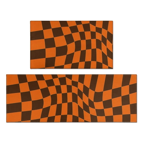 Orange and Brown Wavy Checkered Anti Fatigue Kitchen Rugs Set Of 2, Non Slip Washable Decorative Floor Mats for Kitchen Sink Laundry, 17"x30" and 17"x47"