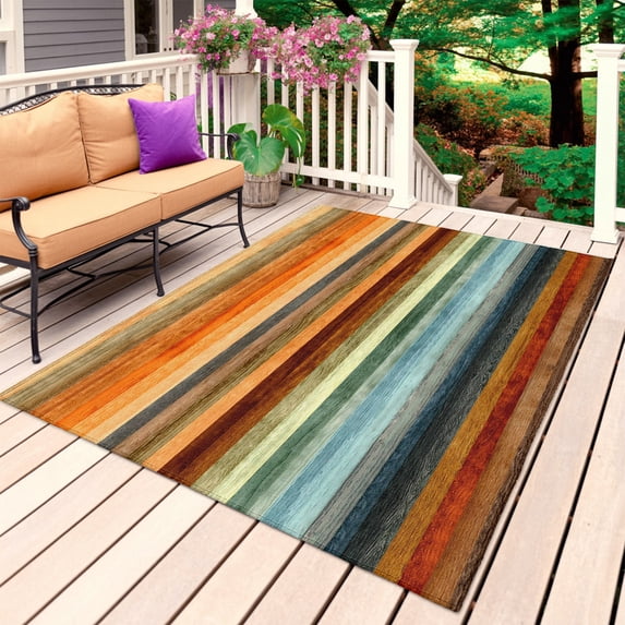 Orange Brown Wooden Outdoor Rug for Patio/Deck/Porch, Non-Slip Large Area Rug 4 x 6 Ft, Farmhouse Striped Modern Art Indoor Outdoor Rugs Washable Area Rugs, Reversible Camping Rug Carpet Runner