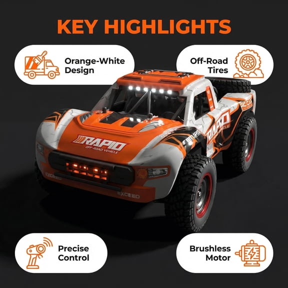 Orange Brushless RC Off-Road Buggy Toy, Max Speed 70 KM/H, LED Lights, 2 Rechargeable Batteries, Remote Control Race Car for Kids Ages 8+