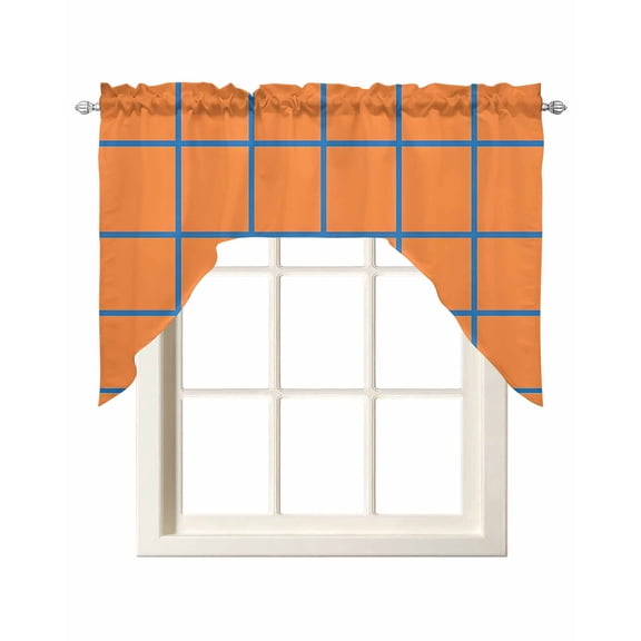 Orange Buffalo Check Swag Valances for Windows, Small Curtains Drapes, Modern Blue Stripe Geometric Kitchen Window Curtains Over Sink Rod Pocket Window Treatment Valance for Bedroom/Bathroom 56"x36"