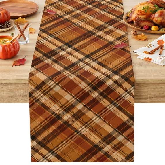 Orange Buffalo Plaid Cotton Linen Rectangle Table Runners 13"x36", Fall Thanksgiving Checkered Coffee Table Runner Dresser Scarves Luxury Table Runners for Wedding Party Banquet Dinner Decor
