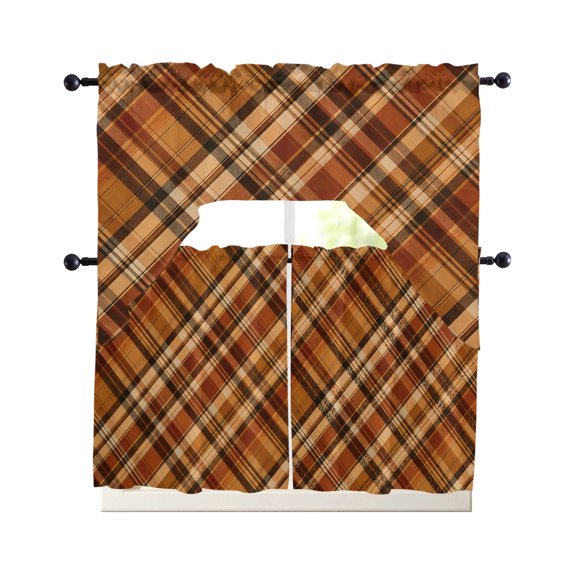 Orange Buffalo Plaid Kitchen Curtains Set for Windows 3 Piece Cafe Curtains 24 Inch Length Swag Curtains Valances and Tier Set Fall Thanksgiving Checkered Drapes for Bedroom Bathroom Living Room