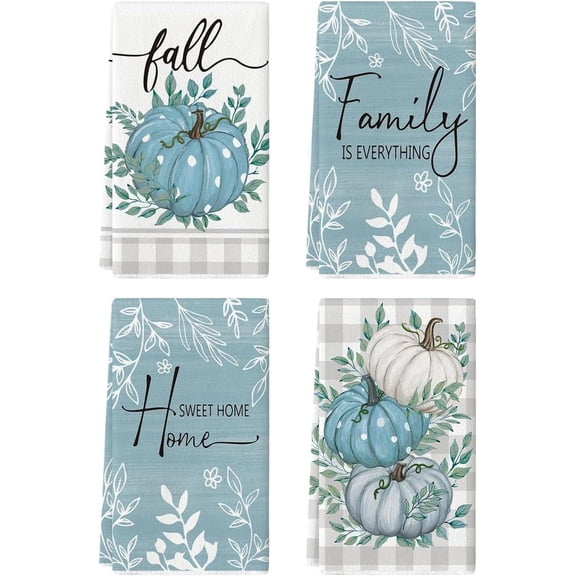Orange Buffalo Plaid Polka Dot Pumpkin Fall Kitchen Towels Dish Towels, 18x26 Inch Farmhouse Eucalyptus Leaves Decoration Hand Towels Set of 4